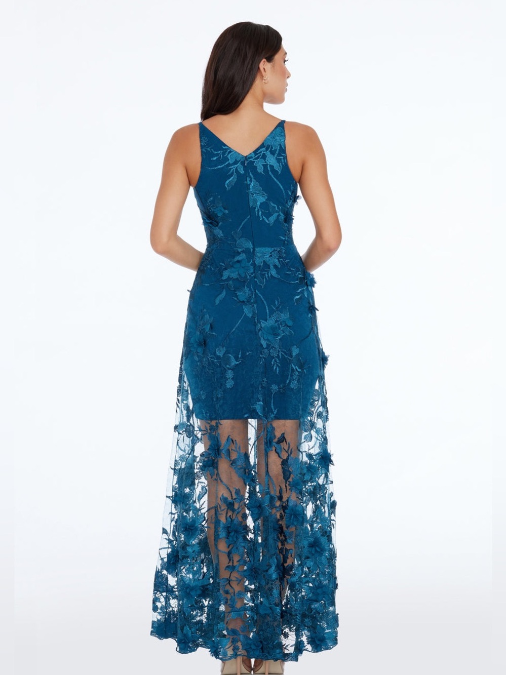 Dress the Population Sidney Gown Peacock Blue 3D Floral Appliqué Maxi Dress M - Picture 3 of 15